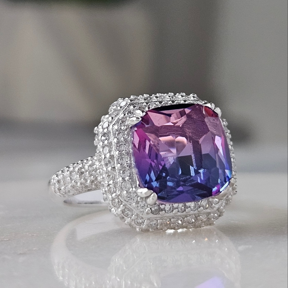 Pink & Purple Gemstone Cushion Square Ring, real 925 Sterling Silver